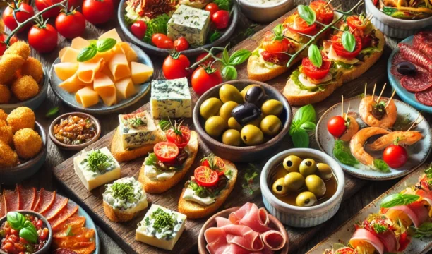 DALL·E 2025-02-13 16.27.23 - A high-definition image of a beautiful assortment of appetizers (entrantes), including a variety of small, elegant dishes. The spread features items l